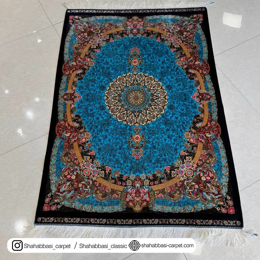 خرید فرش تمام ابریشم آبی مشکی