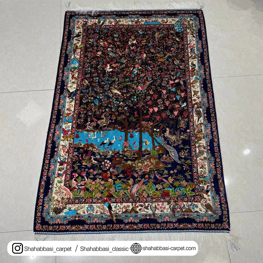 فرش تمام ابریشم سرمه ای