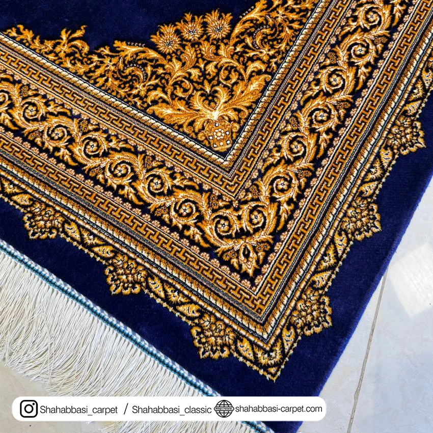 فرش تمام ابریشم ماشینی آبی کاربنی