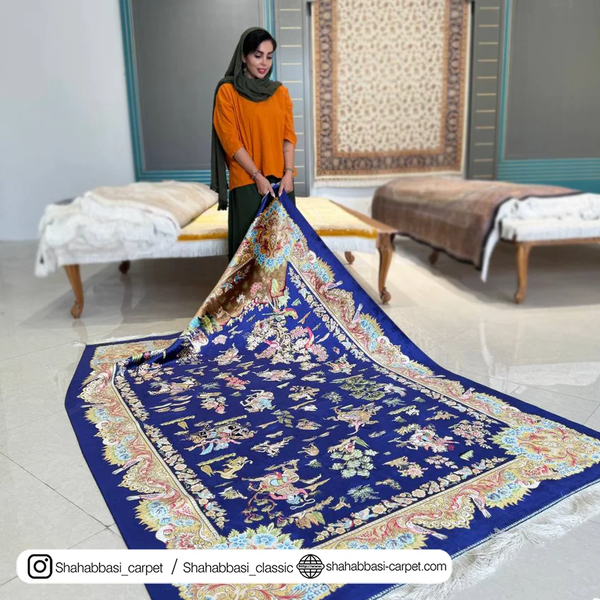 فرش تمام ابریشم کد ۲۴۲ آبی کاربنی