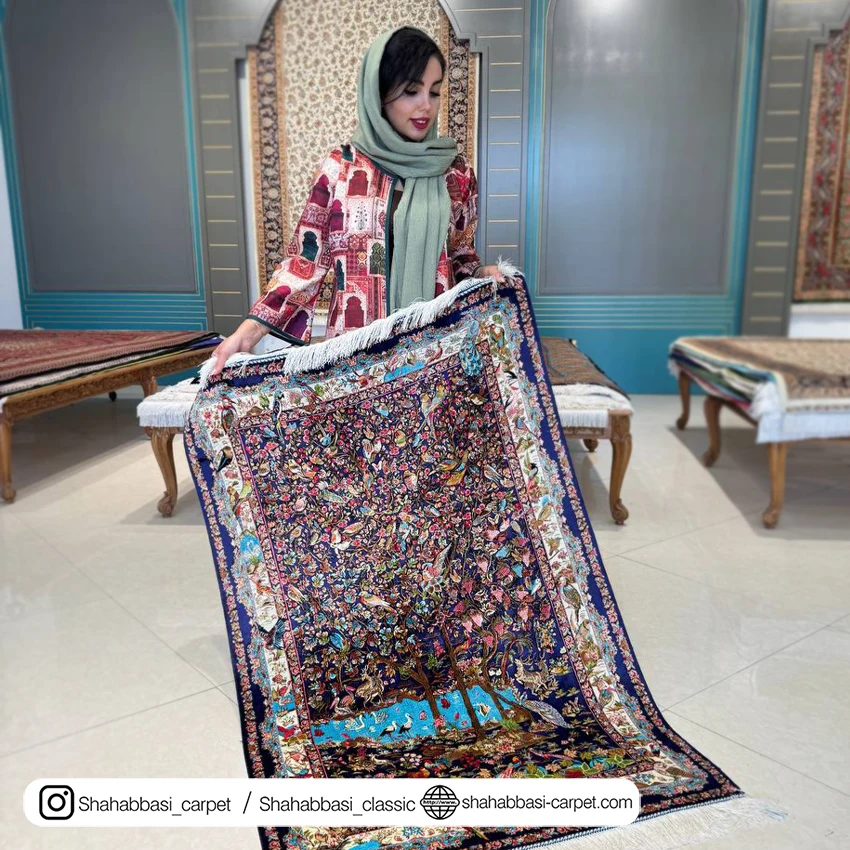 فرش تمام ابریشم کد ۲۱۷ آبی کاربنی
